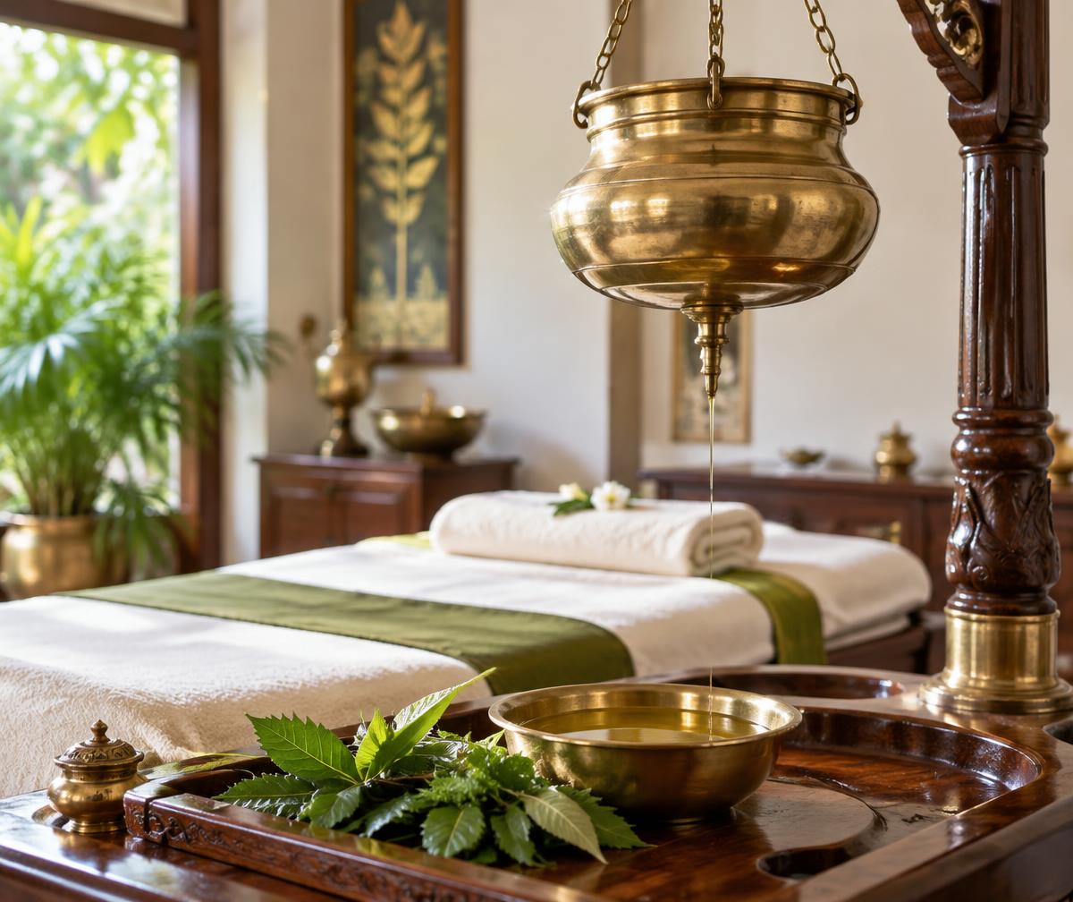 Illustrative traditional Ayurvedic therapy room with brass vessels